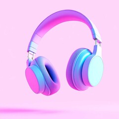 Modern over-ear headphones in pastel gradient pink purple and blue rendered on light pink background