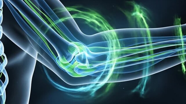 3D Animation of Human Elbow Joint Anatomy with Glowing Energy and Tendons - Medical and Health Science Concept