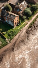 Rising Tide of Disaster: Flooded Residential Area with Water Flowing Between Houses