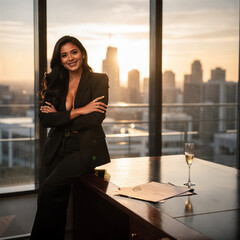 Empowered Indian businesswoman in black suit celebrating success in luxury high-rise office at golden hour. Premium stock photo for female leadership, corporate victory & ambition
