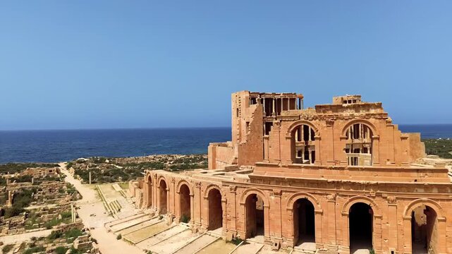 Aerial drone view of ancient Roman ruins along the Libyan coast