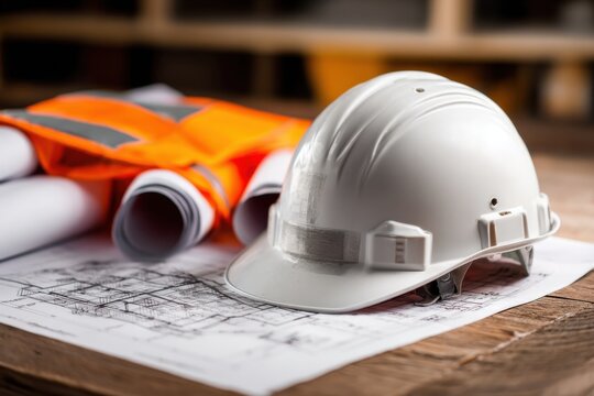 Construction blueprints laid out on a wooden table with a white hard hat and orange safety vest nearby, ready for project planning and development