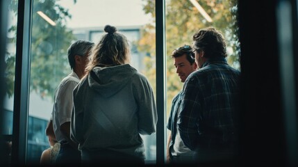 Fototapeta premium Group of Diverse People in Casual Clothing Engaging in Conversation by Large Window in Modern Indoor Space