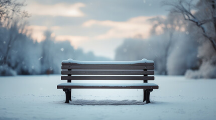 Solitary wooden park bench covered in snow during a winter day