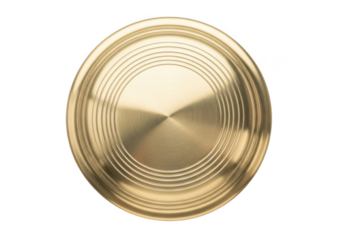 A closeup, topdown view of a shiny brass plate with concentric circles, isolated on transparent background
