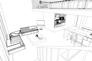 Black and white loft interior contour drawing featuring a spiral staircase, modern sofa, coffee table, bookshelf, and minimalist chairs.