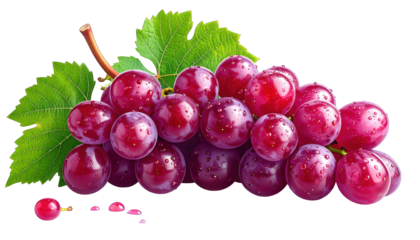 A vibrant bunch of ripe red grapes with green leaves, on a transparent background