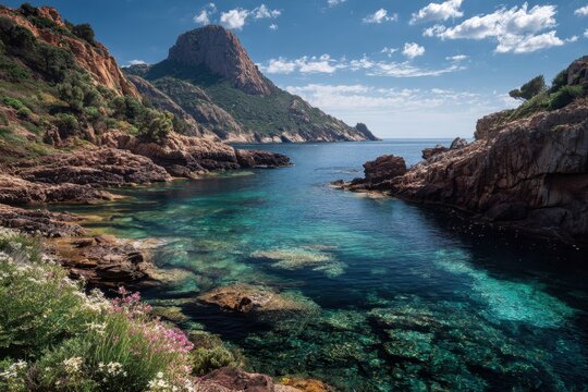 Cala Maestra on Montecristo isle showcases stunning turquoise waters, rocky shores, and vibrant wildflowers under a clear blue sky in the afternoon sun