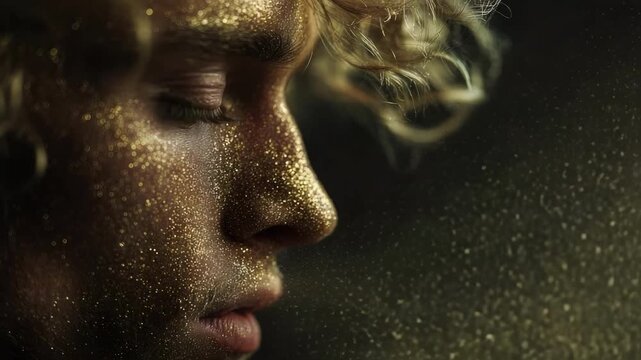 Close-up of a person&rsquo;s face covered in gold glitter, eyes closed.