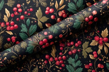 Lush Botanical Fabric - Vibrant Red Berries, Green Leaves, Golden Accents, Dark Background, Diagonal Fold.