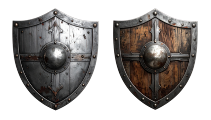 Two weathered medieval shields metal and wood with iron trim, on a black backdrop