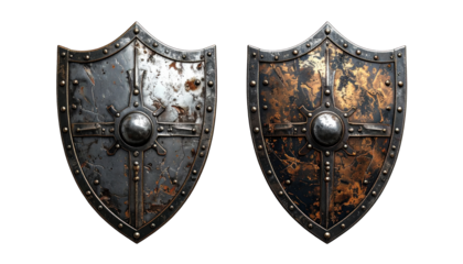 Two weathered metal shields with riveted edges and central boss on black