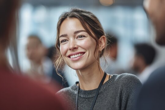 Young woman with a confident smile engages with others at a social event in a lively atmosphere during an afternoon gathering in a vibrant urban setting