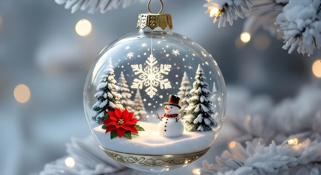 Close-up of a Christmas ornament with a snowman, snowflakes, and red flowers hanging on a frosted tree branch with blurred lights. - Powered by Adobe