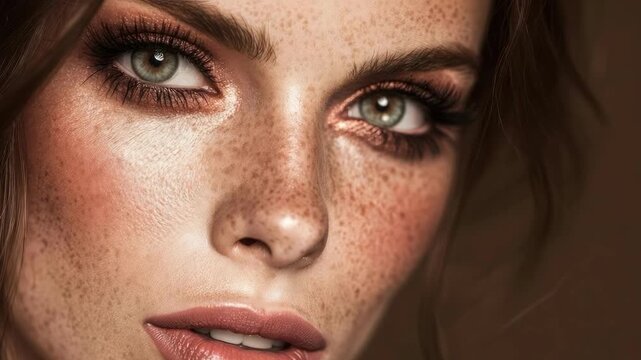 Close-up of a freckled woman's face with bold makeup: smoky eyes, rosy cheeks, and pink glossy lips.