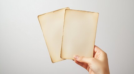 Hand holding two blank, old-looking cards against a neutral background for creative or artistic purposes