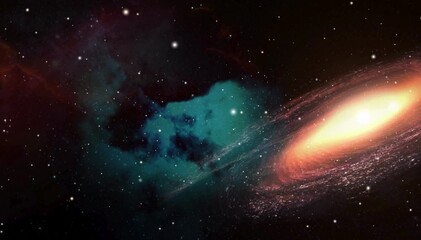 A spiral galaxy with a bright core and swirling nebulous clouds of gas and dust, set against a backdrop of stars in the vast universe - Powered by Adobe