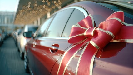 Luxury car with red gift bow outdoors, holiday celebration concept
