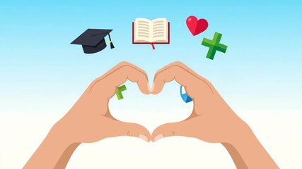 Hands forming a heart shape with educational and health symbols floating above against a gradient sky - Powered by Adobe