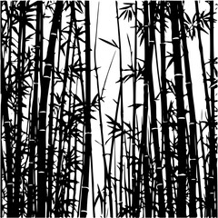 Monochrome illustration of dense bamboo forest in black and white on transparent background silhouette