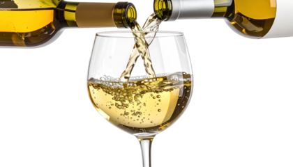 Clear glass fills with wine being poured from three bottles, against black