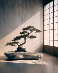 Perfectly shaped bonsai tree on smooth stone table in minimalist japanese interior room, soft directional light from shoji window