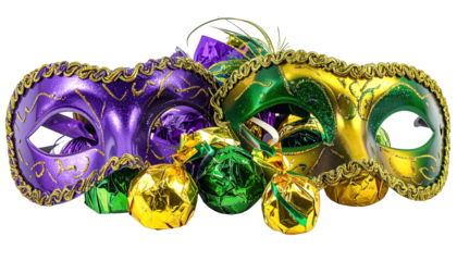 Two ornate face coverings with wrapped treats on a black background, festive