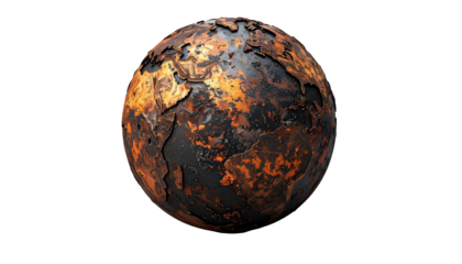 The Earth rendered in a molten, scorched state, isolated on a black background
