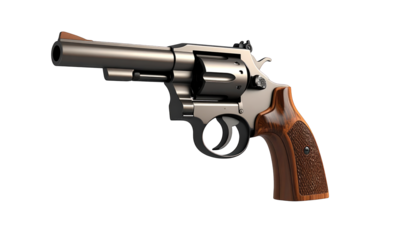 A metallic handgun with a wooden grip, isolated on a black background