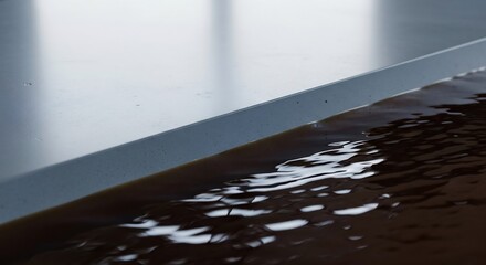 テーブル上の水溜まり：光沢のある表面に広がる液体の抽象的な表現