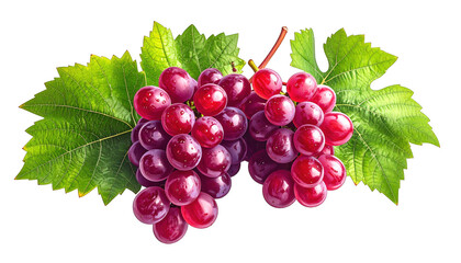 Fototapeta premium Two clusters of plump, red fruit with green leaves on a black background