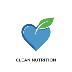 Clean Nutrition Logo with Blue Heart and Green Leaf Symbolizing Health and Wellness.