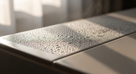 窓辺のタイル表面に付着した小さな水滴のクローズアップ写真