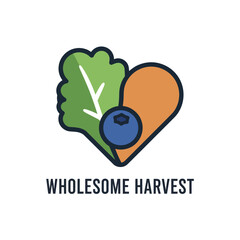 Wholesome Harvest logo featuring a heart shape combined with a leaf and blueberry.