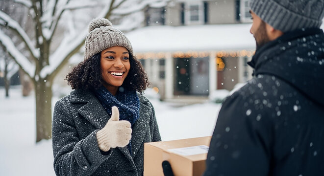 Customer thanking courier with thumbs up in snowy winter scene, delivery service and customer satisfaction