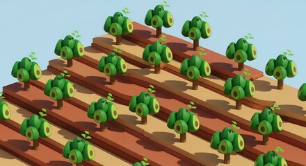 多数のアボカドの木が並ぶ段々畑の穏やかな風景イラスト