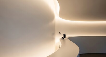 白い壁と曲線のデザインが特徴的な現代建築内部空間、間接照明が柔らかい光を演出