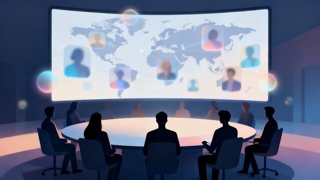 Generative AI global connectivity meeting with world map visuals.