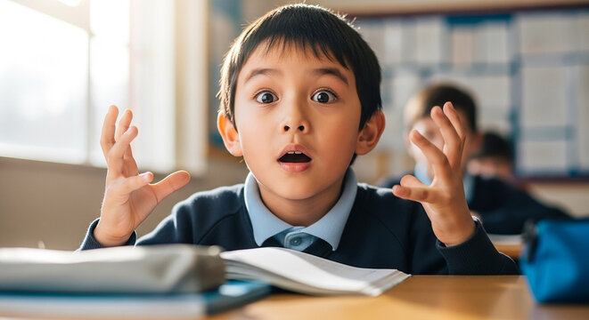 Pupil reacting with surprise, young student wide-eyed in classroom, education and learning environment - Powered by Adobe