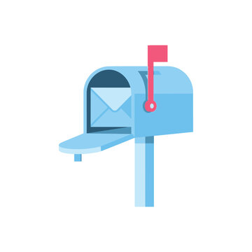 Retro blue mailbox with open door and envelope inside, red flag up, isolated on white background, vector illustration