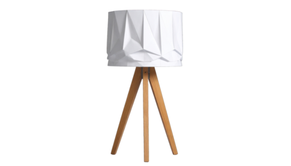 Geometric white lampshade on a tripod wooden base. Isolated on black