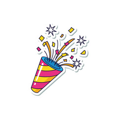 Vibrant cartoon party popper exploding with colorful confetti and streamers, isolated on a white background, celebrating joy
