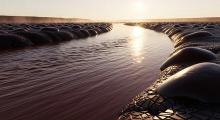 静かな水路、穏やかな日の出が照らす自然風景、石が並ぶ美しい光景