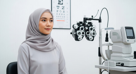 Woman in hijab at eye exam, optometry health and vision care in clinic