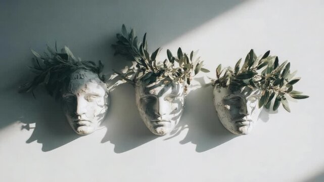 Three plaster busts wearing olive leaf crowns, arranged in a row with shadows on a pale wall.