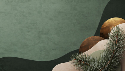 Sophisticated holiday season elegance with pine branch and geometric shapes, perfect for branding and festive campaigns, conveying a sense of understated luxury