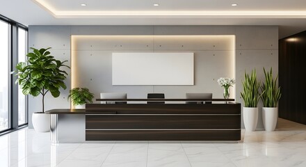 Modern office reception with dark wood desk, potted plants, marble floor, and natural light.