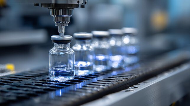 Automated Pharmaceutical Vial Filling Line With Glass Bottles In Modern Manufacturing Lab