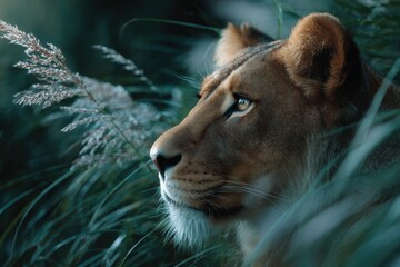 Naklejka premium Majestic lioness gazing thoughtfully among tall grass in the African savannah at sunrise, showcasing the beauty of endangered wildlife in its natural habitat