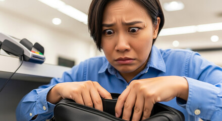 Person searching pockets nervously for money, financial stress and urgency at checkout counter